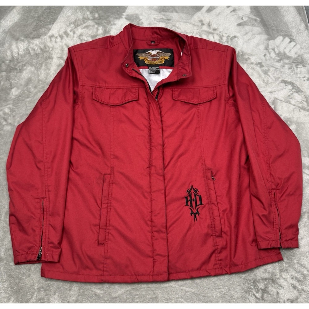 Vintage Harley Davidson Rain Jacket Womens XL Red Nylon Zip Moto Coat Biker Y2K